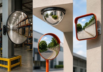Industrial safety mirror helping reduce blind spots in busy loading bay area.